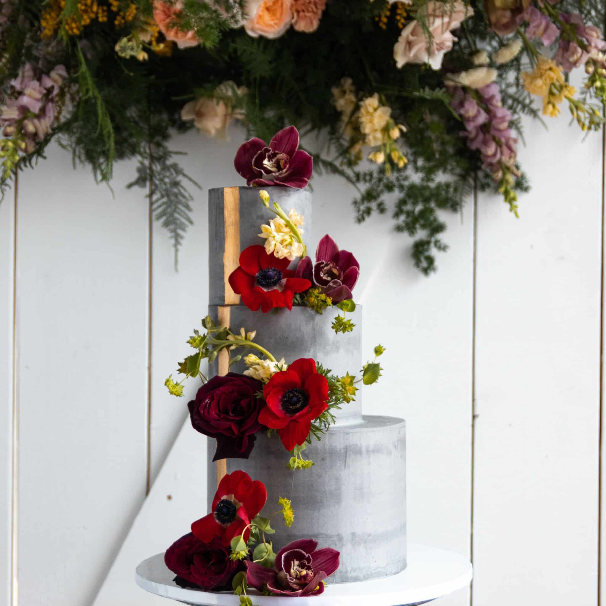Red Grey and Gold Floral Tiered Wedding Cake