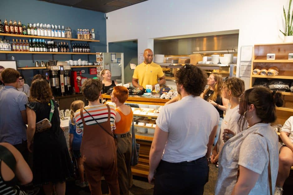 Manager of Frothy Monkey East Nashville addressing guests.