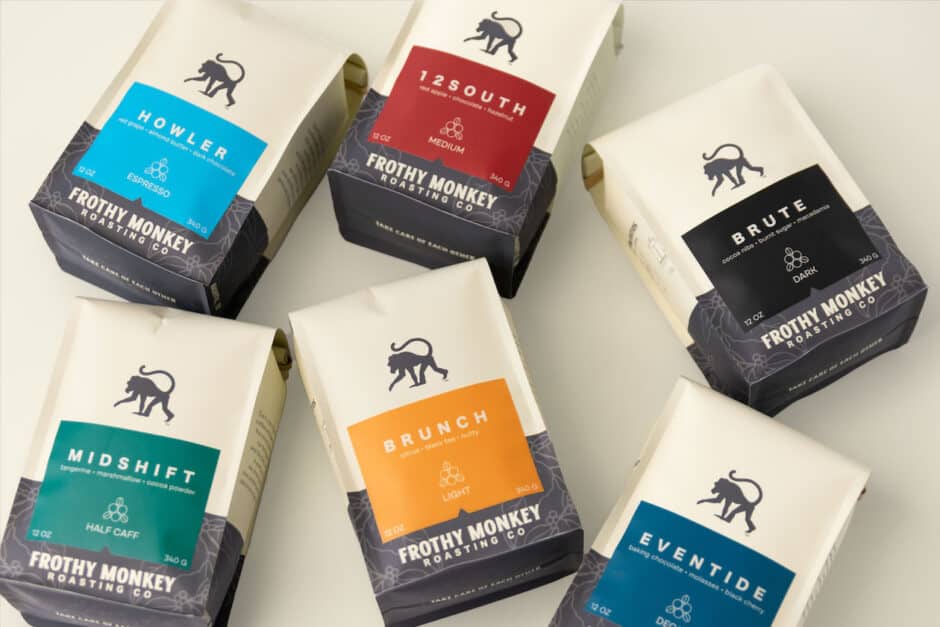 Frothy Monkey signature coffee bags.