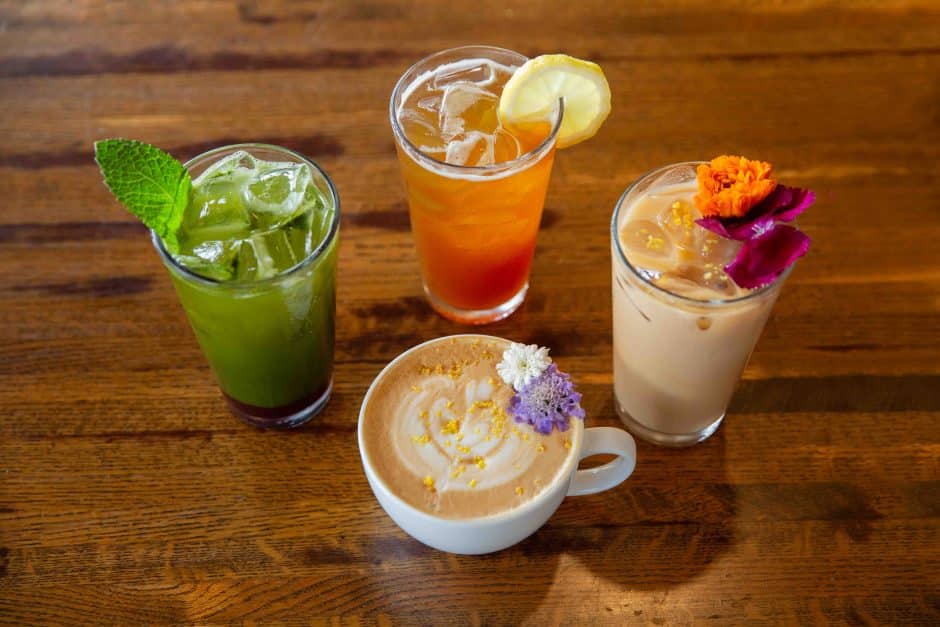 colorful spring coffee and matcha drinks on a table